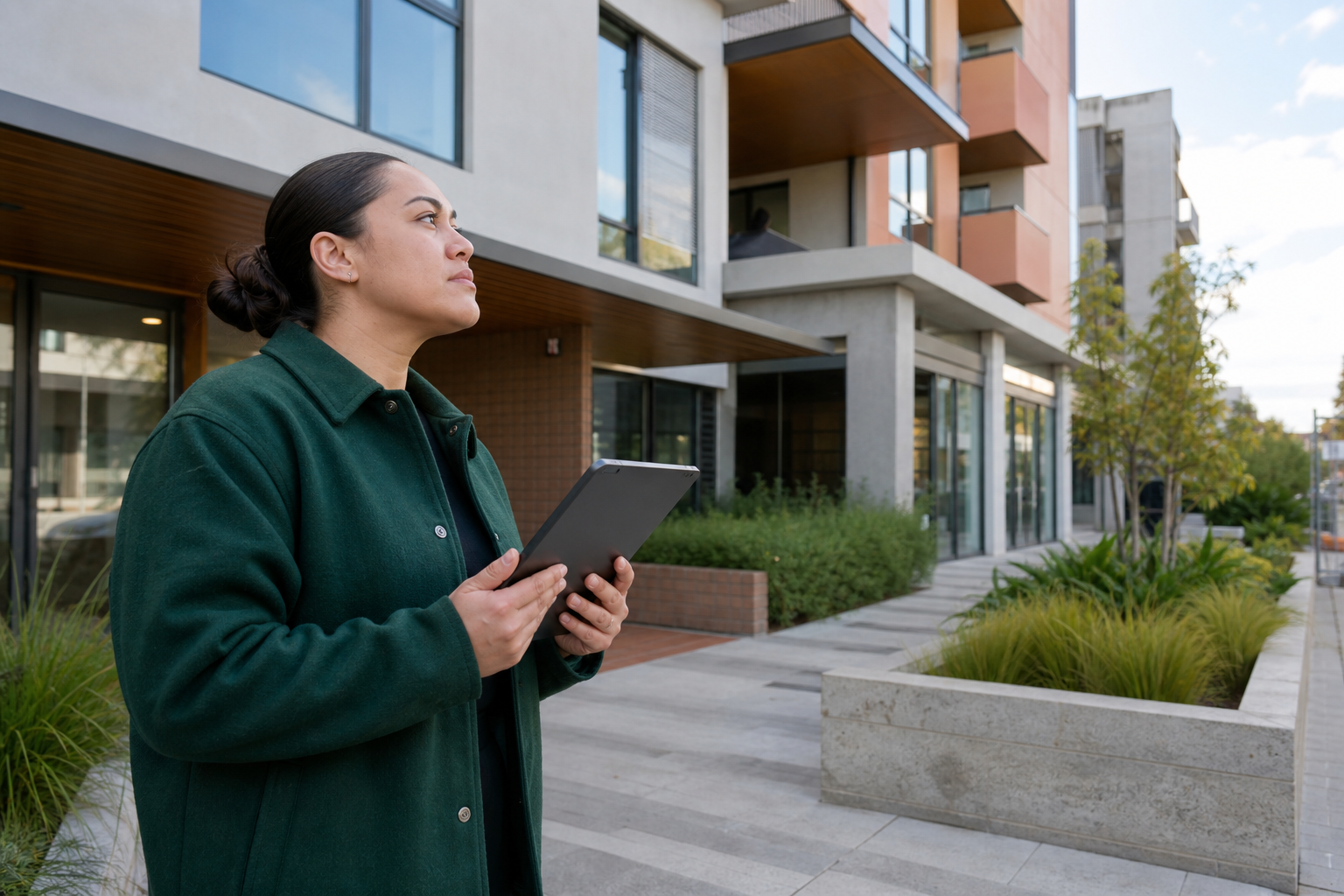 Property manager using a tablet while inspecting a mixed-use New Zealand property
