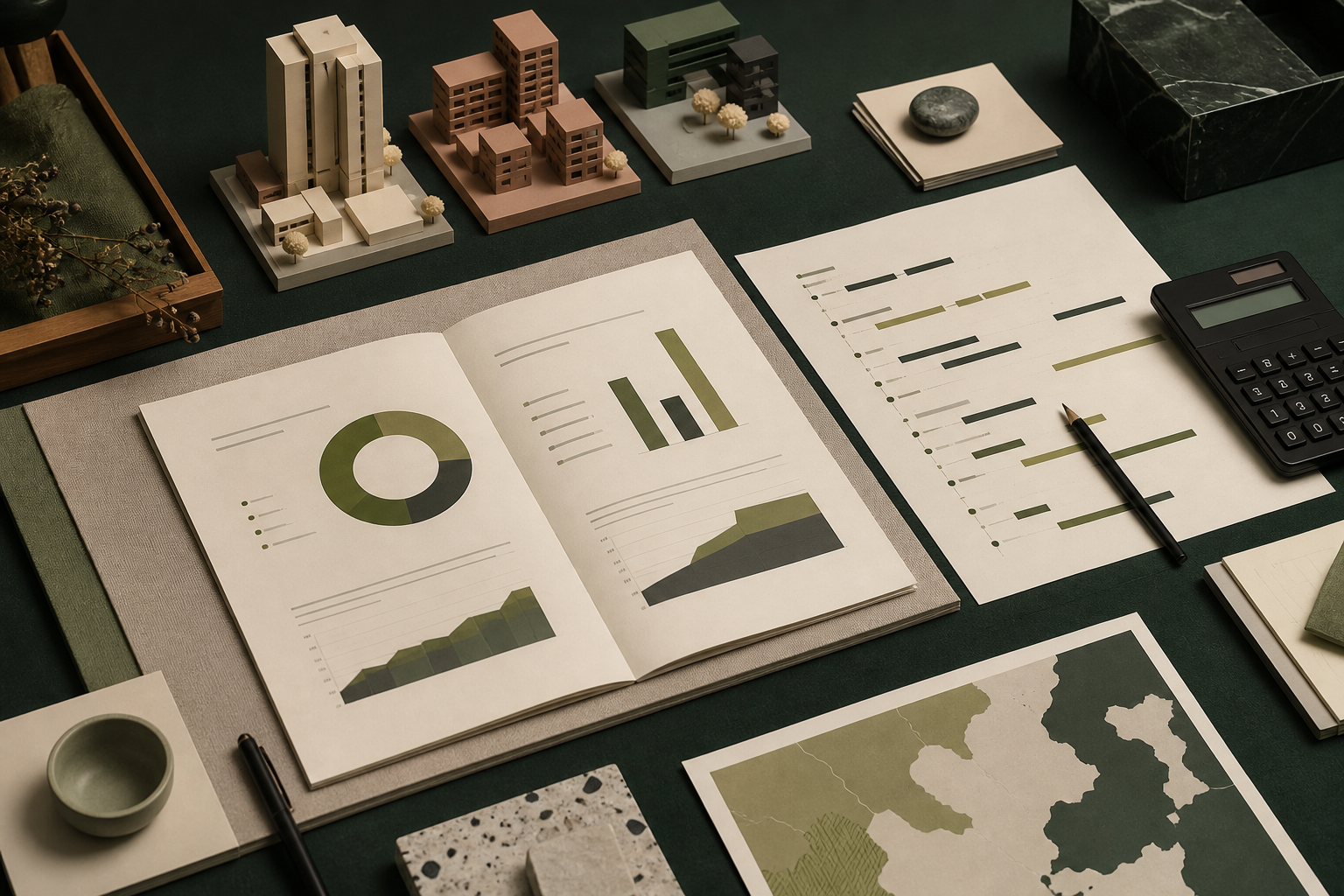 Research desk with property models, charts and a lease timeline