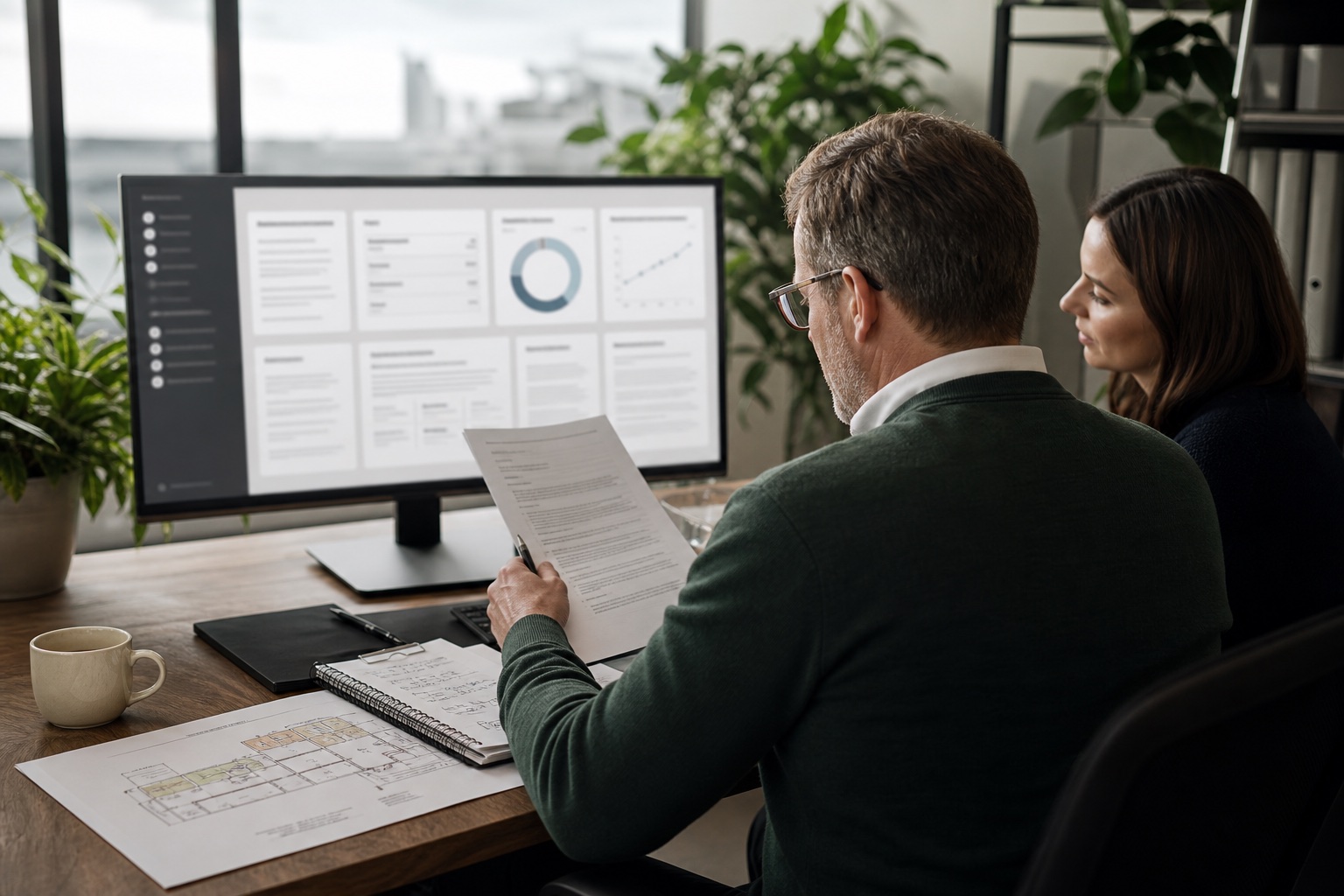 Two property professionals reviewing an AI-assisted operations summary against a lease document, notes and property plan