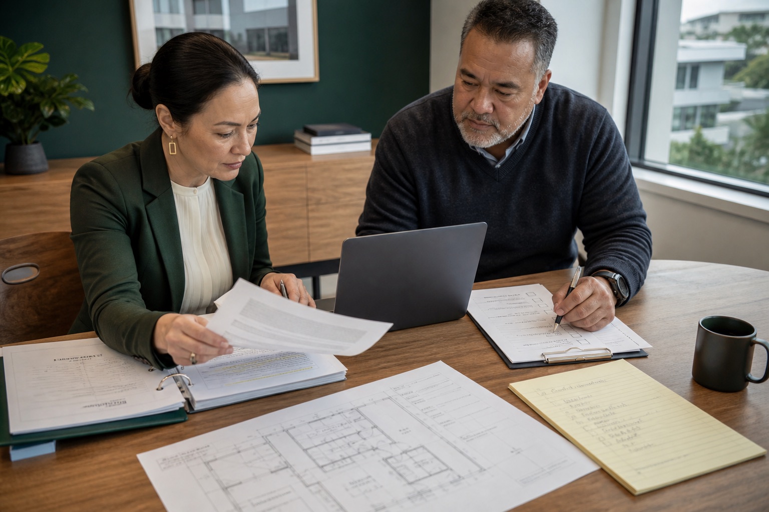 Two property professionals checking an AI-assisted property summary against lease documents, a building plan and an approval checklist