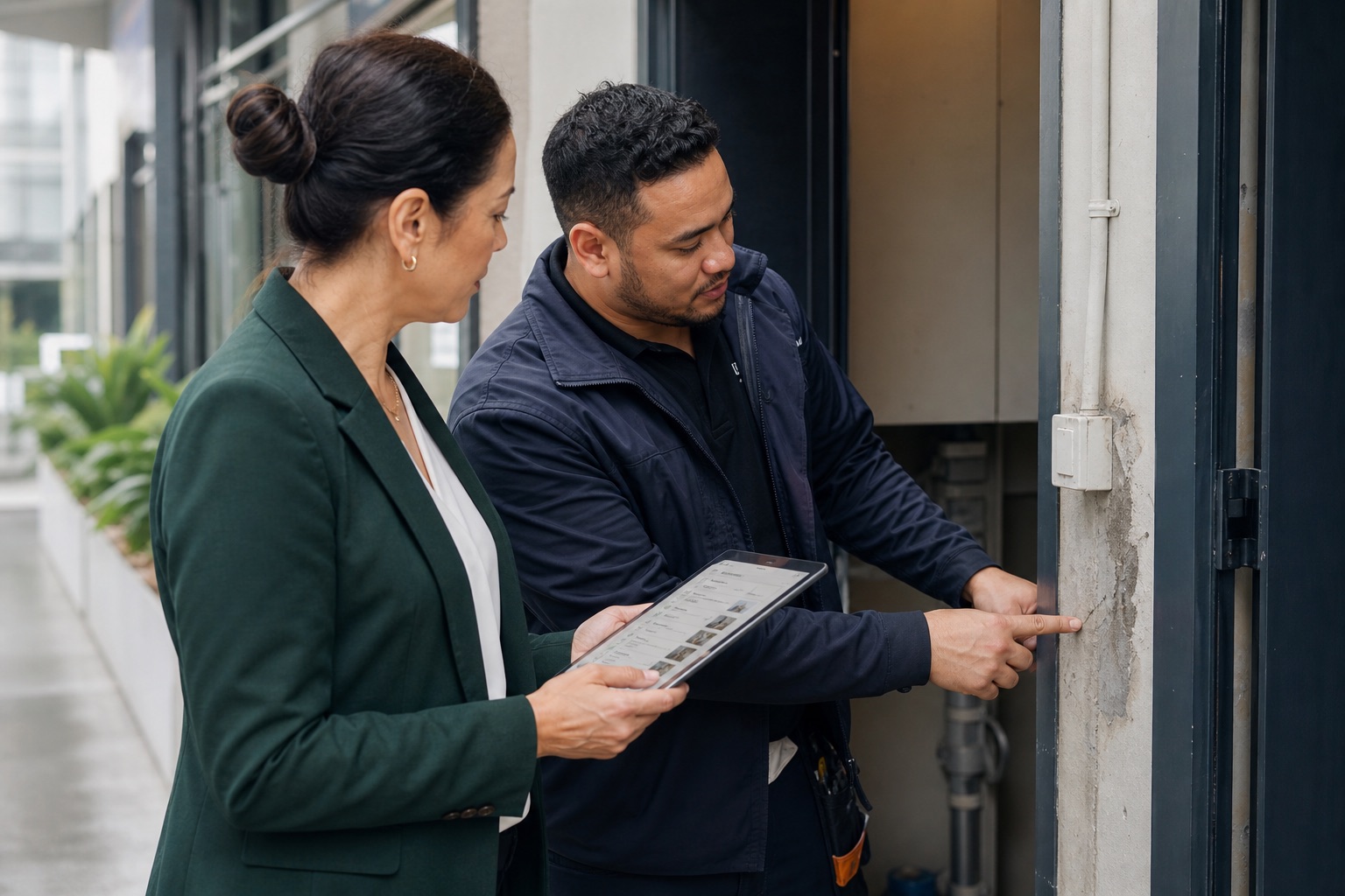 Commercial property manager and maintenance specialist comparing a documented inspection record with the exact building issue