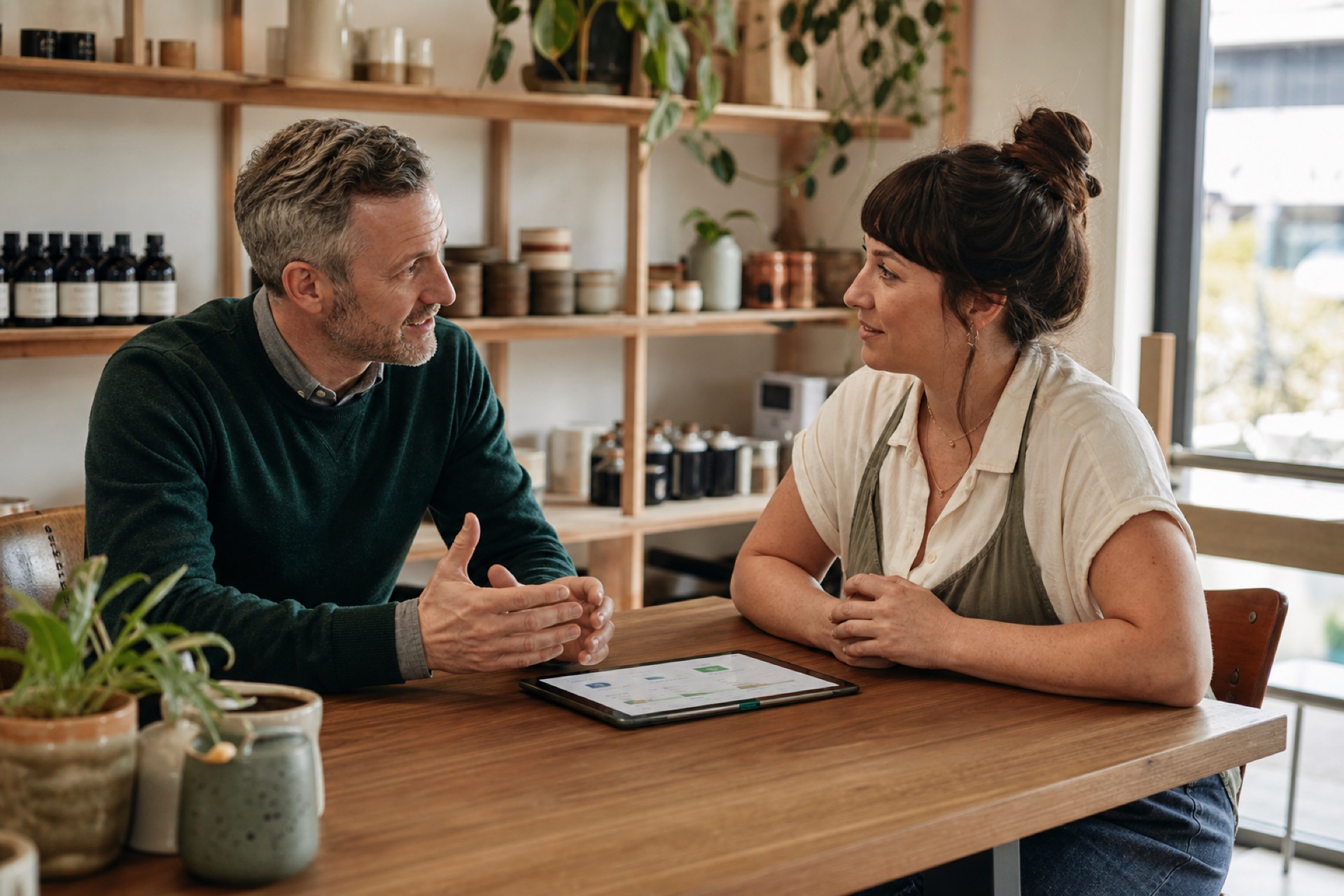 Property manager and retail tenant having a focused conversation with the tenant portal open on a tablet