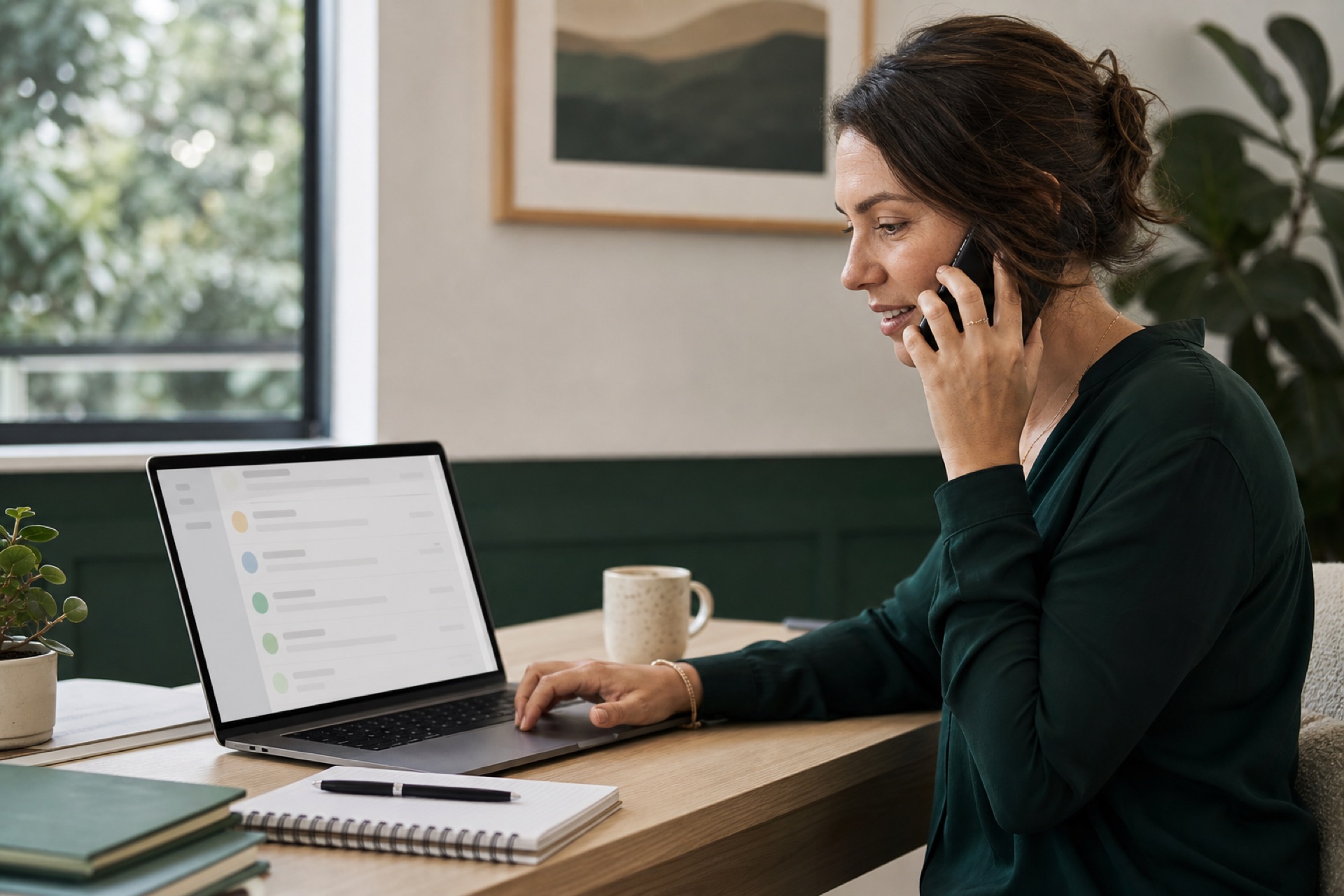 Property manager speaking with a tenant while reviewing a shared chronological request history on a laptop